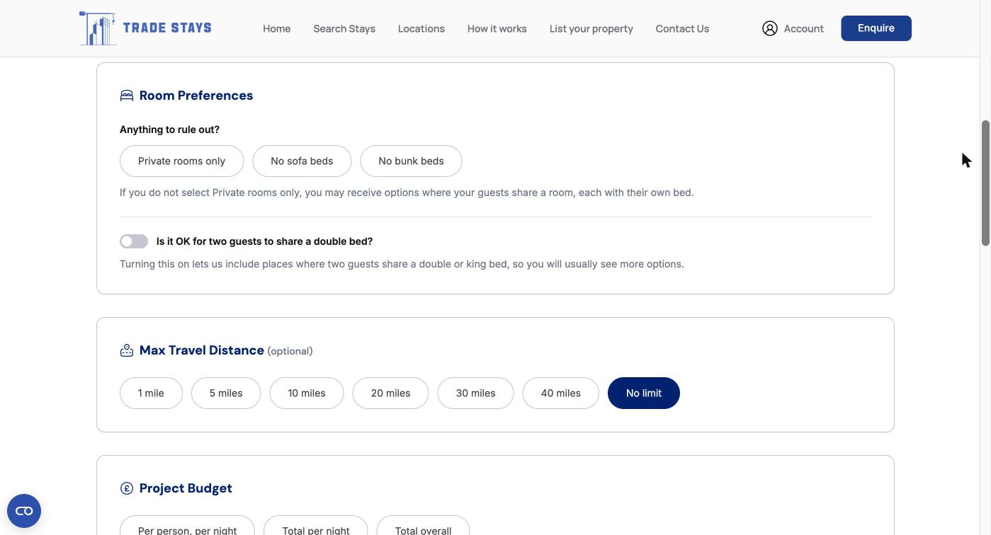 The room preferences and travel distance questions on the enquiry form