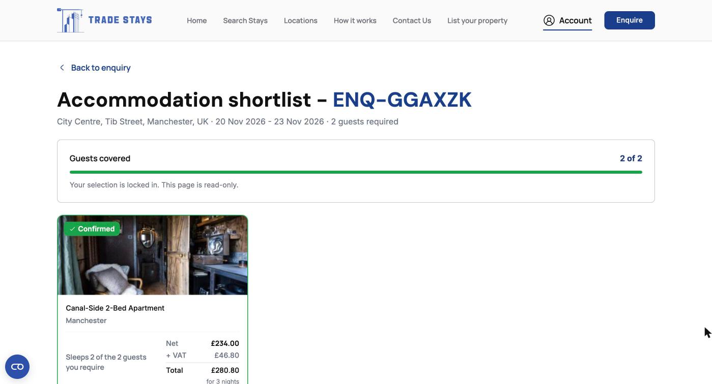 A shortlist page showing the guests covered counter and a property card with its net, VAT and total