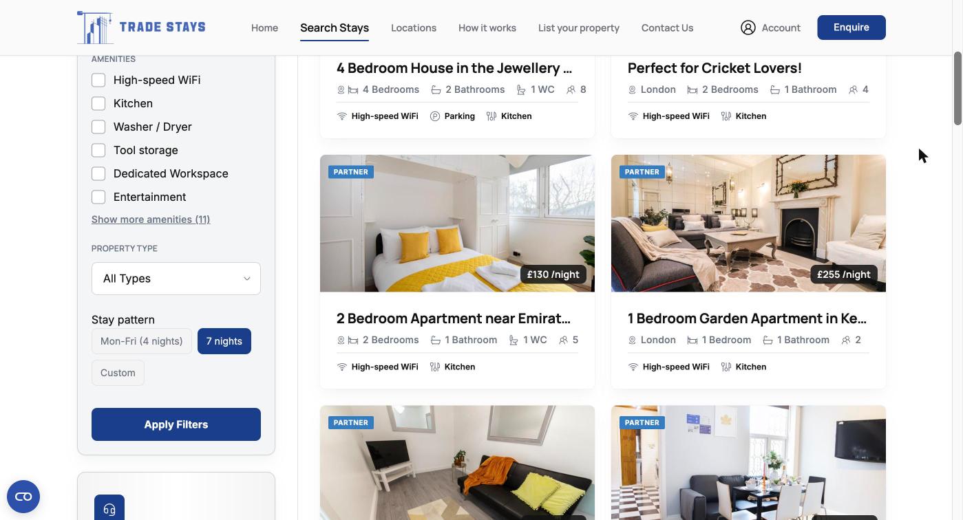 The search filters, including the stay pattern options for a Monday to Friday week