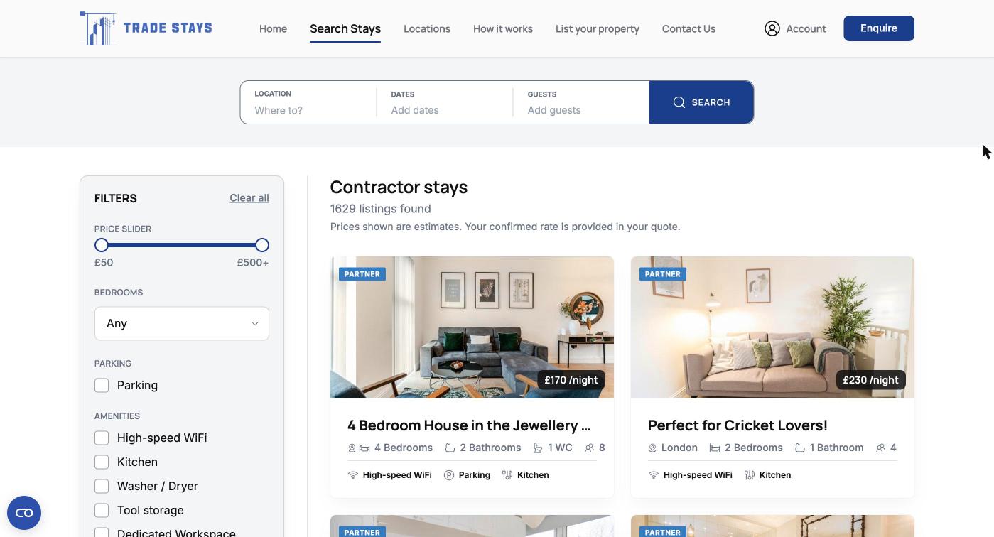 The Trade Stays search page, showing the filter panel and a grid of listing results
