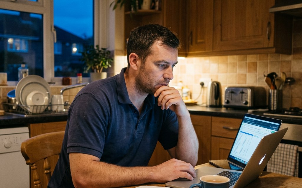 A contractor at a kitchen table in the evening, comparing accommodation options on a laptop.