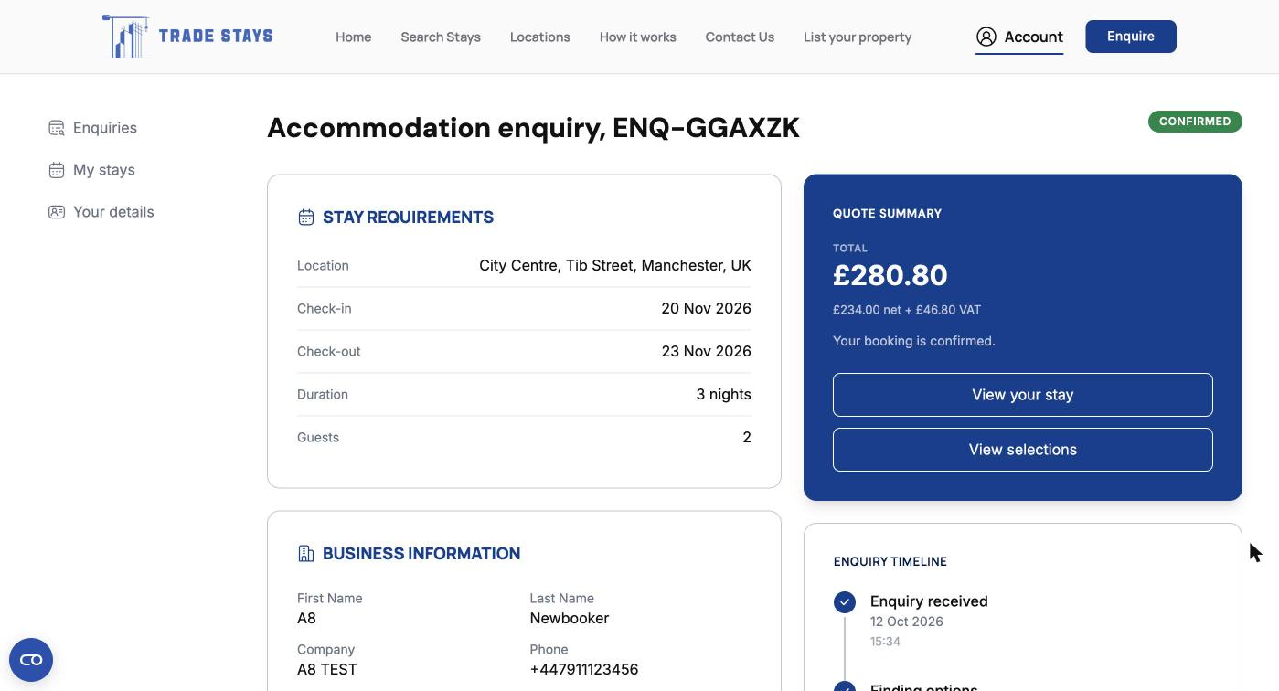 A quote summary showing the total with the net figure and the VAT below it
