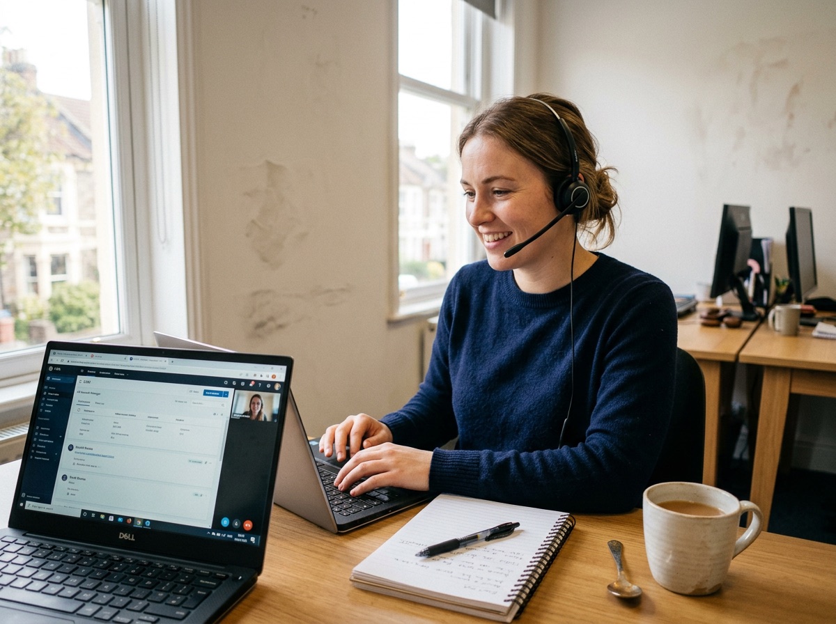 An account manager at her desk taking a booking enquiry over a headset.