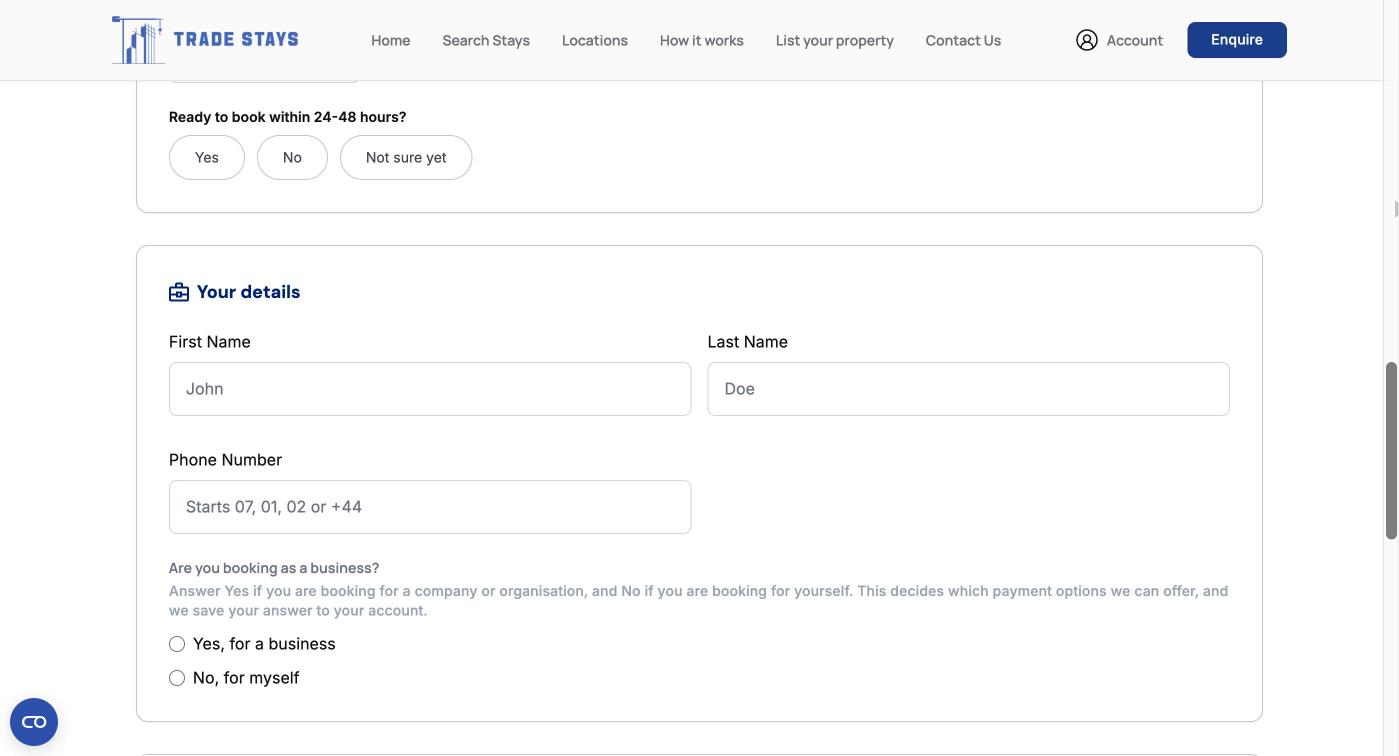 The your details section of the enquiry form, including the question about booking as a business