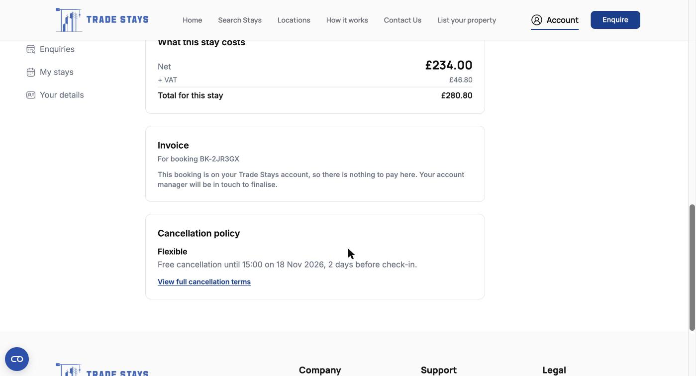 A stay page showing what the stay costs, the invoice section and the cancellation deadline
