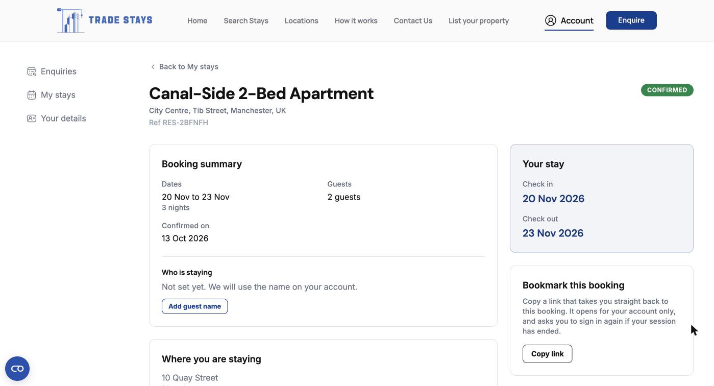 A stay page showing the booking summary and the add guest name button