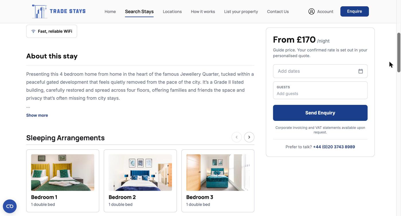 A listing page showing the guide price, the Send Enquiry button and the sleeping arrangements