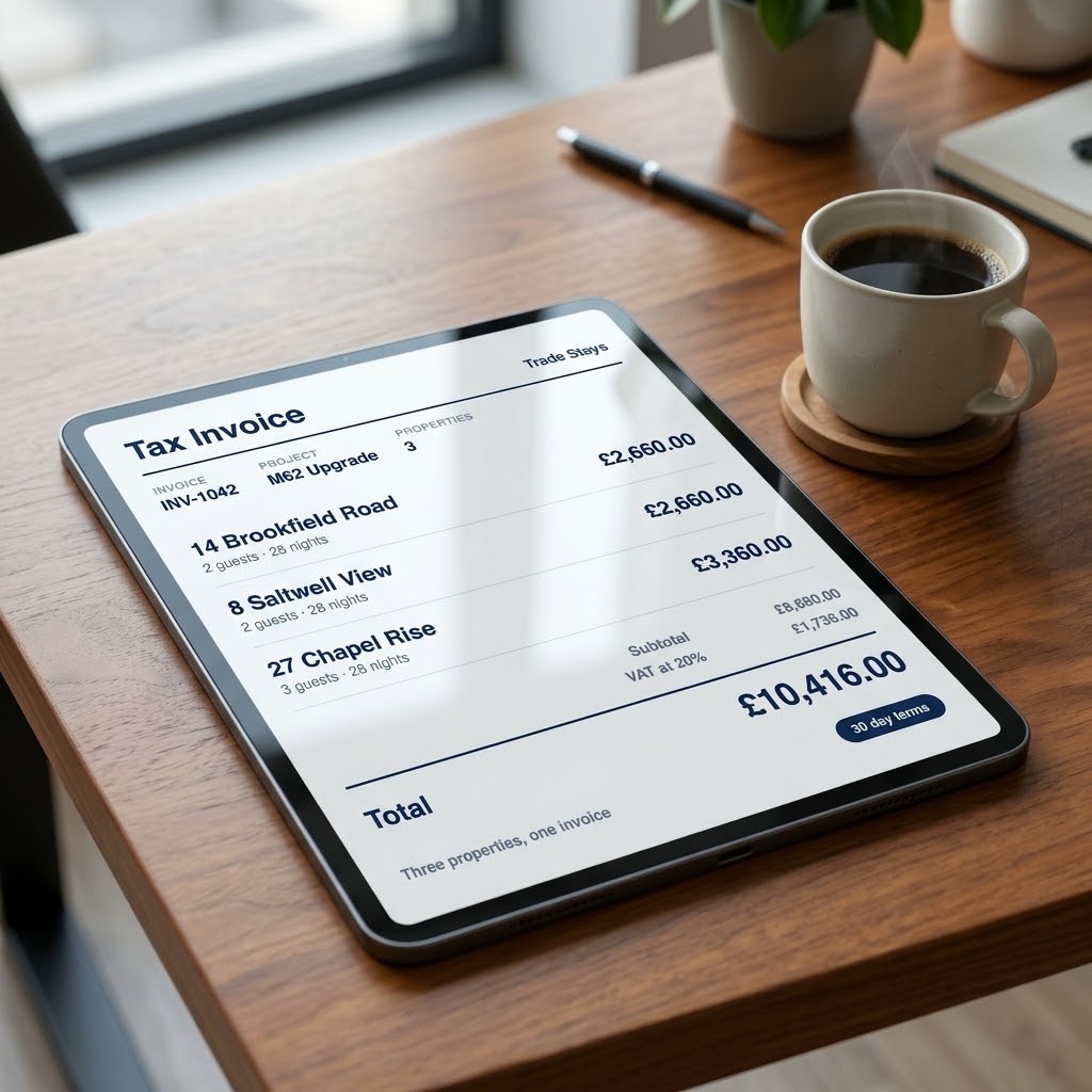 A tablet on a desk showing a Trade Stays VAT invoice covering three properties on one project