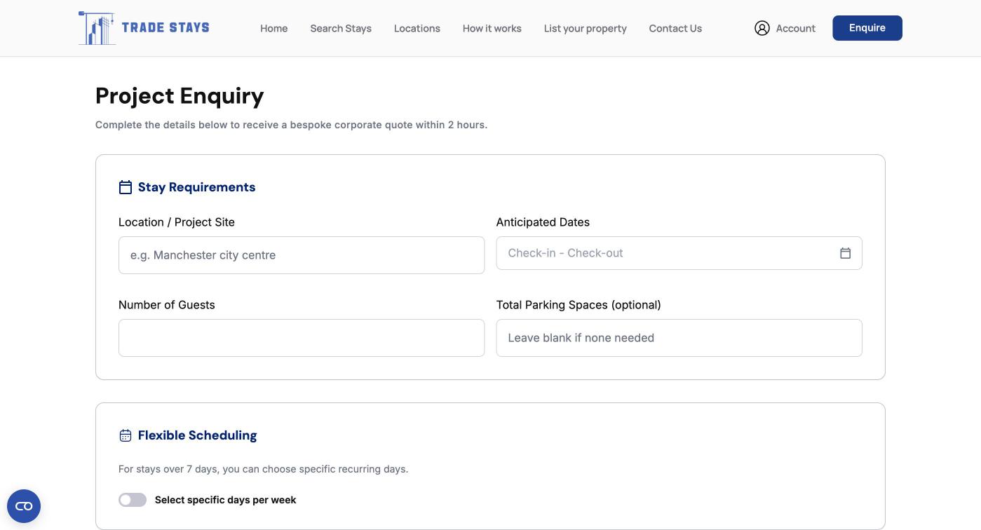 The top of the enquiry form, asking for the location, the dates, the number of guests and any parking