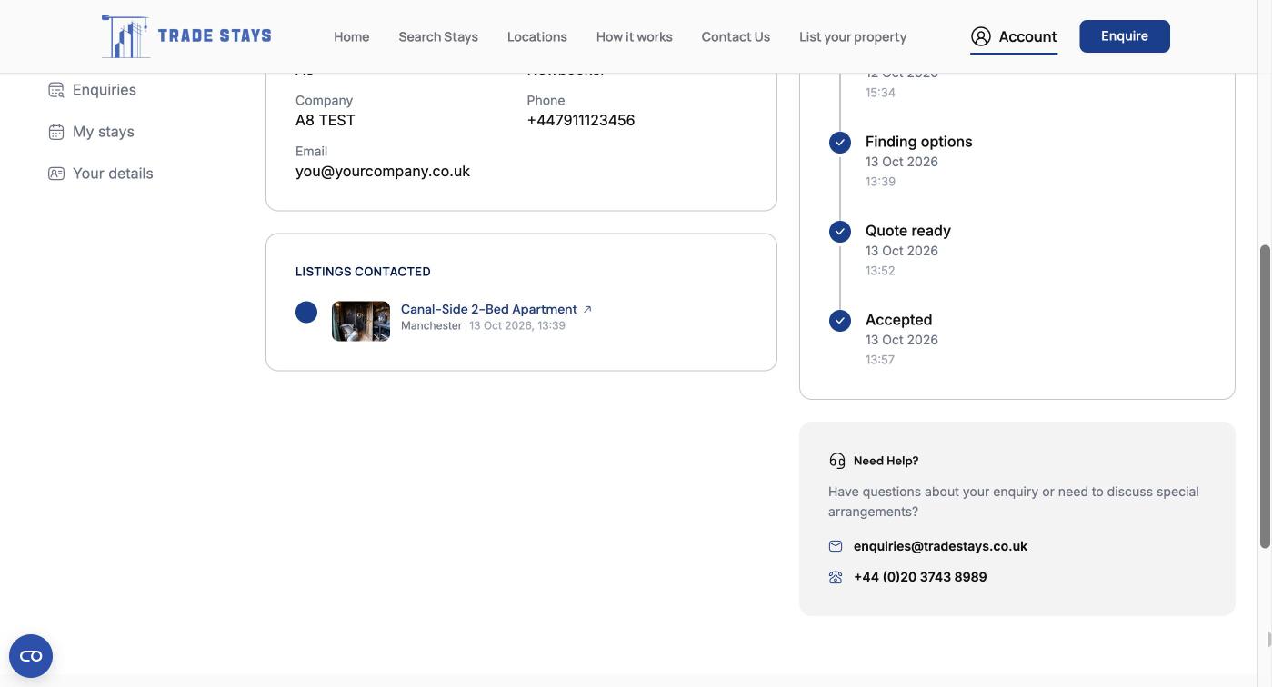An enquiry timeline, showing enquiry received, finding options, quote ready and accepted