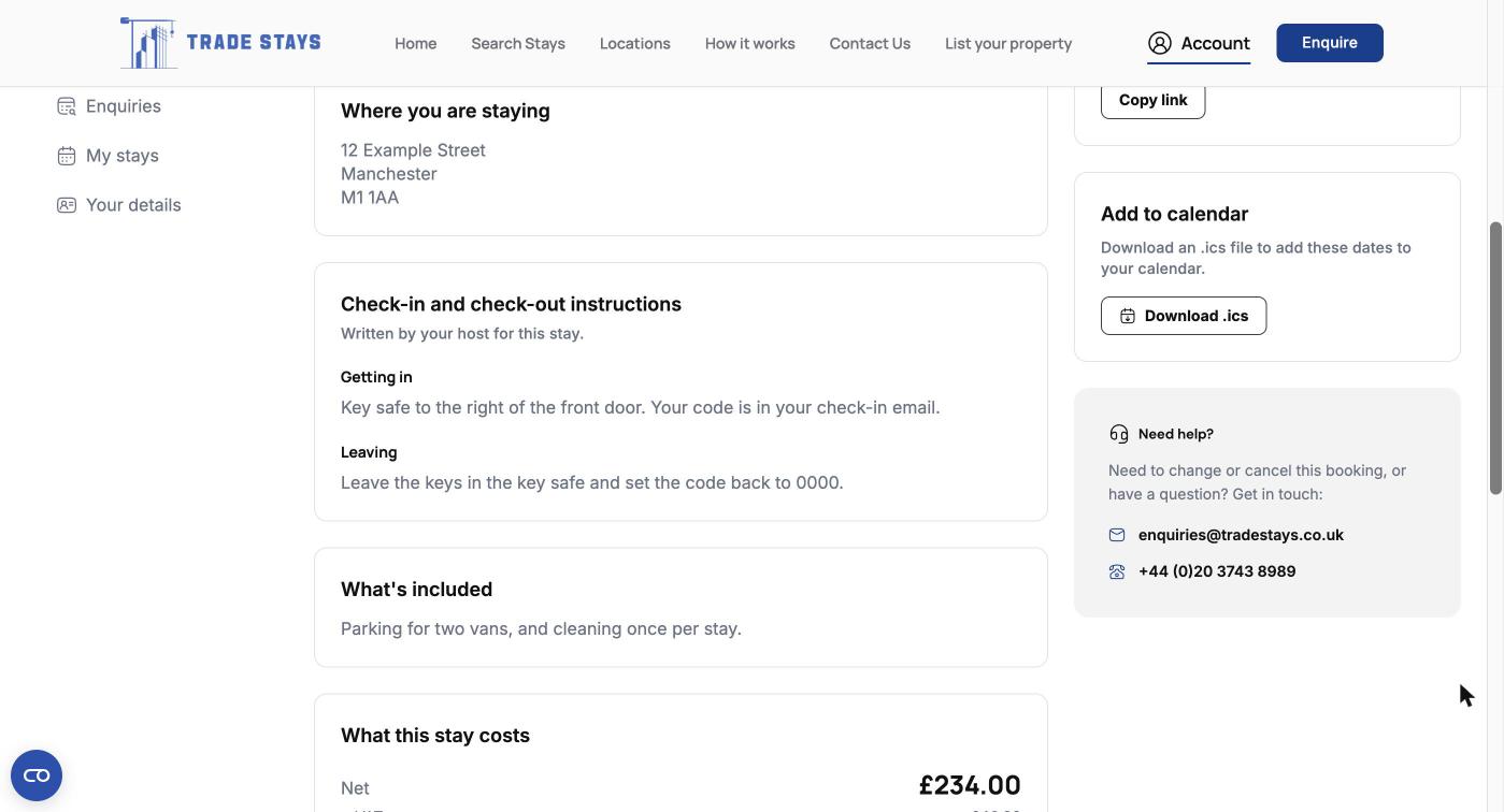A stay page showing the full address and the check-in and check-out instructions
