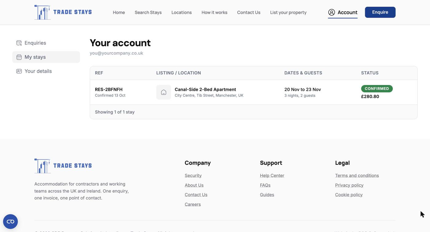 The my stays list in your account, with the reservation reference against each stay