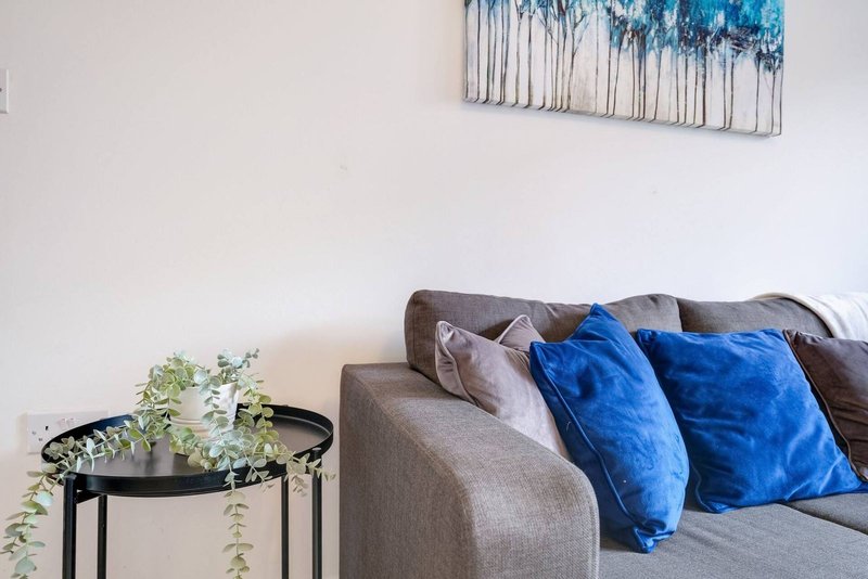 Living room with gray sofa, blue cushions, side table with plant and wall art