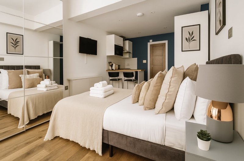 Modern bedroom with double bed, cushions, white bedding, wooden floor and wall art