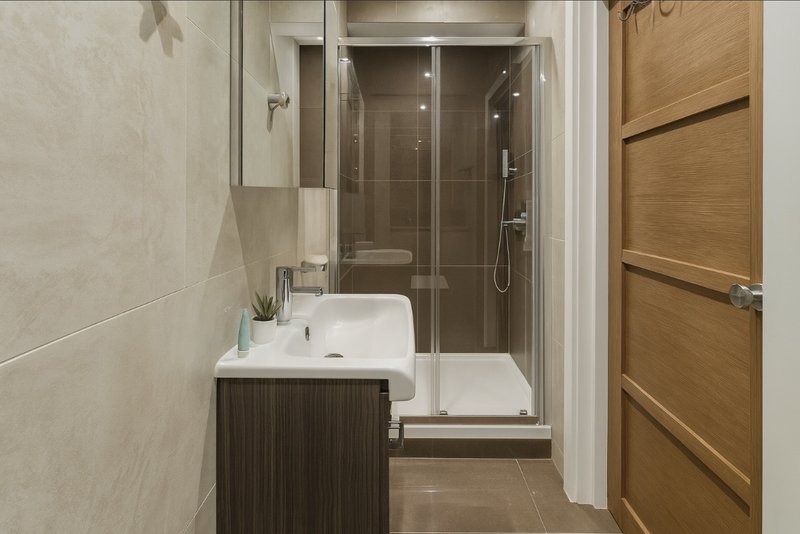 Modern bathroom with white sink, dark vanity cabinet, walk-in shower and wood door