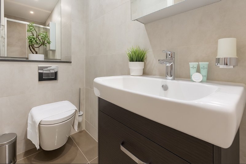 Modern bathroom with white sink, dark vanity, toilet, mirror and potted plant