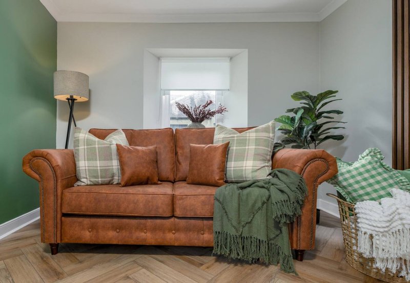 Styled living room with tan leather sofa, green accent wall, potted plant and window