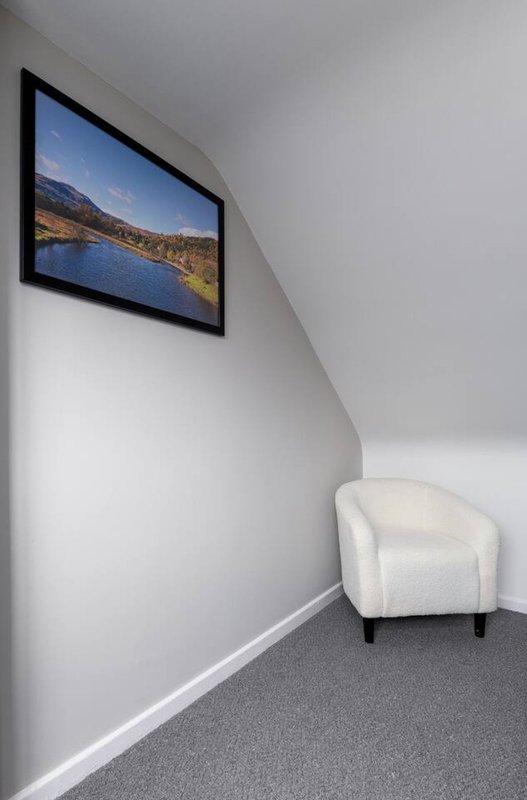Minimalist room corner with white armchair, framed landscape artwork on wall, gray carpet flooring