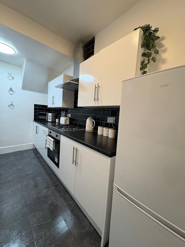 Modern galley kitchen with white cabinetry, black countertop, built-in oven and hanging plants
