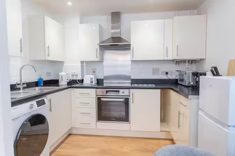 Modern kitchen with white cabinetry, black countertops, stainless steel appliances and wooden flooring