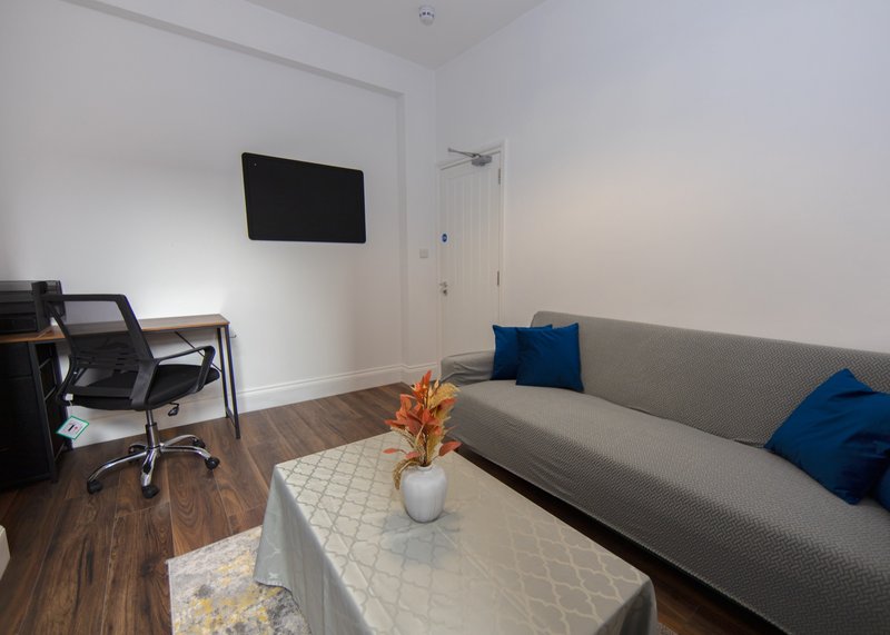 Open-plan studio with sofa, desk, wall-mounted TV and wooden flooring
