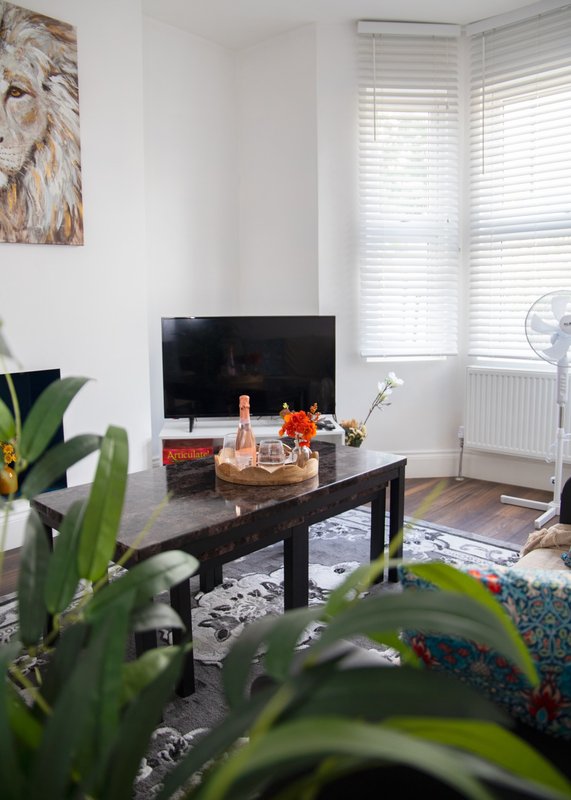 Living room with TV, black coffee table, plants, and bright windows with blinds