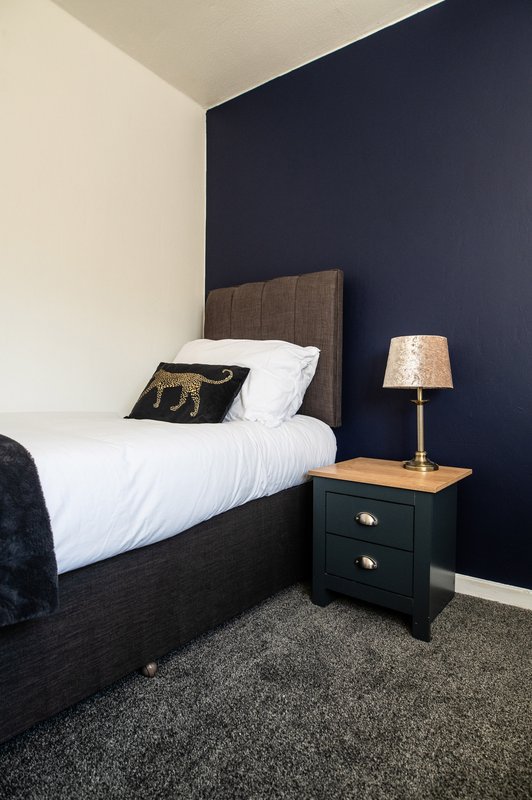 Modern bedroom with single bed, dark blue accent wall, wooden headboard and bedside table with lamp