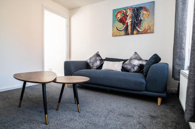 Modern living room with dark blue sofa, wooden side tables, and colorful elephant artwork on wall