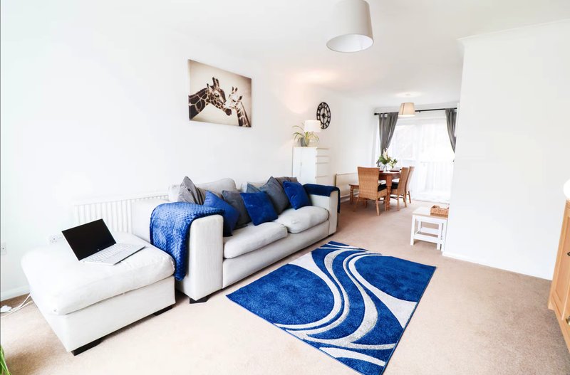 Bright open-plan living room with white sofa, blue cushions and rug, dining area and wall art