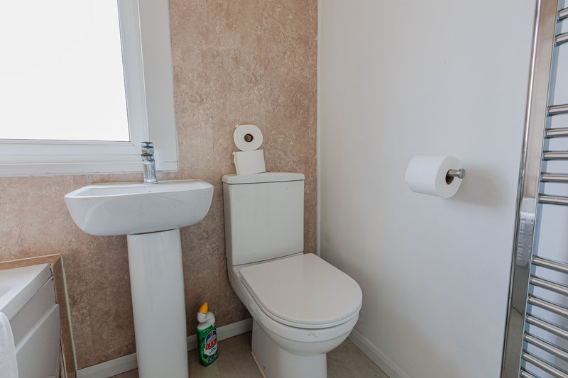 Small bathroom with pedestal sink, toilet, and heated towel rail