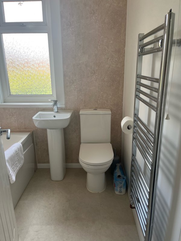 Bathroom with toilet, pedestal sink, heated towel rail and window overlooking garden