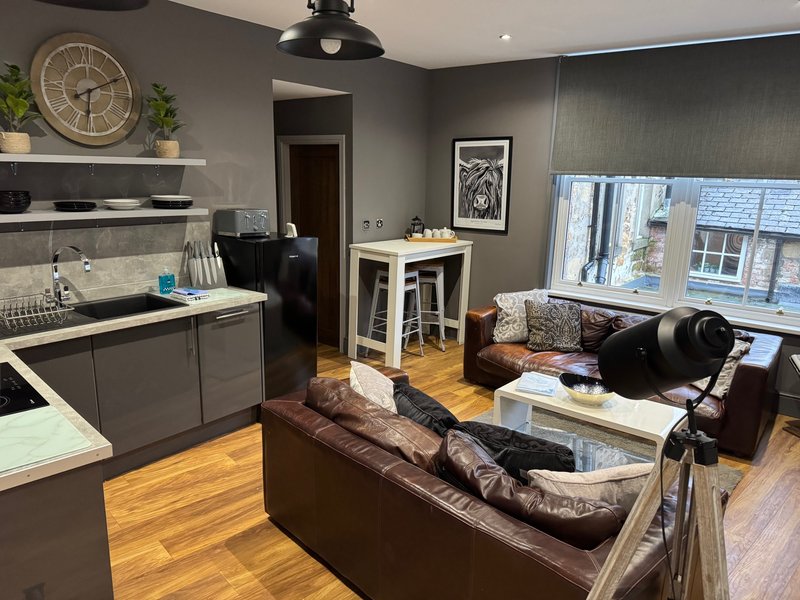 Modern open-plan kitchen and living room with grey cabinetry, brown leather sofa, and city views from windows