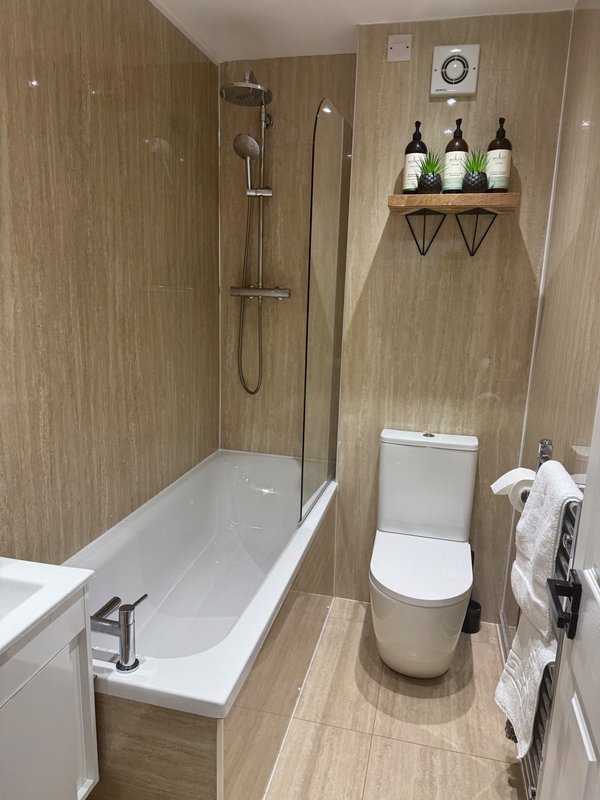 Modern bathroom with bathtub, shower, toilet, and wall-mounted wine bottles