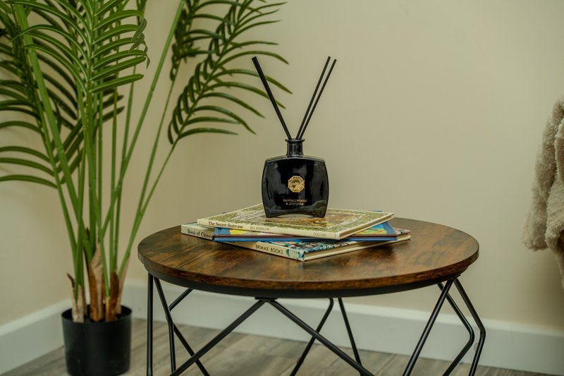 Round wooden table with vintage TV set, magazines, potted plant and wall decor