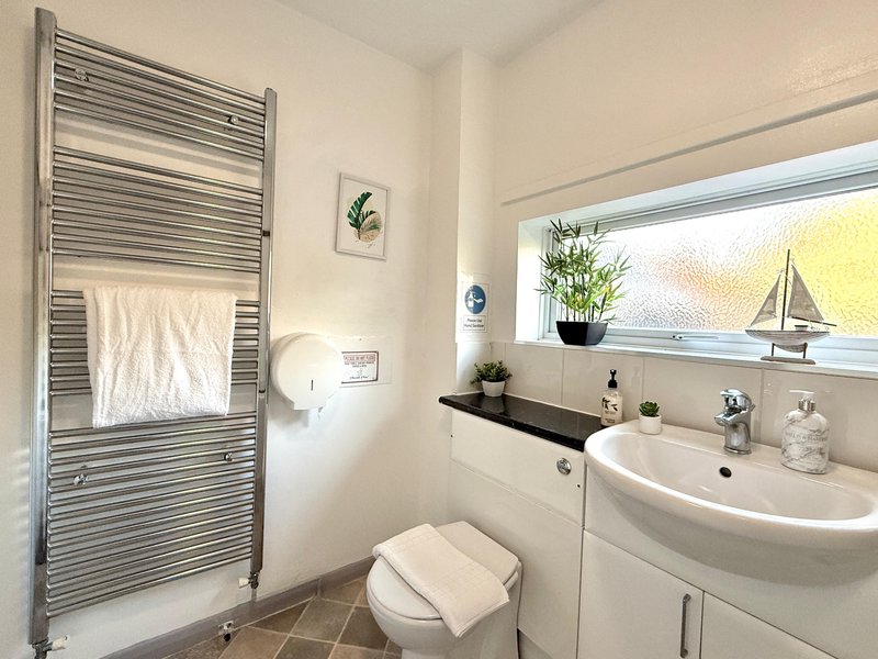 Bathroom with heated towel rail, curved sink, toilet, and window with plant and sailboat decoration