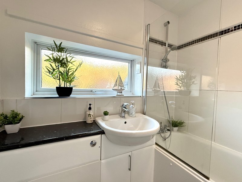 Modern bathroom with white basin, black countertop, window with plants and shower enclosure