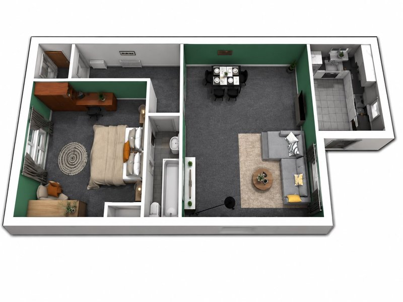3D floor plan layout showing apartment with bedroom, living area, kitchen and bathroom