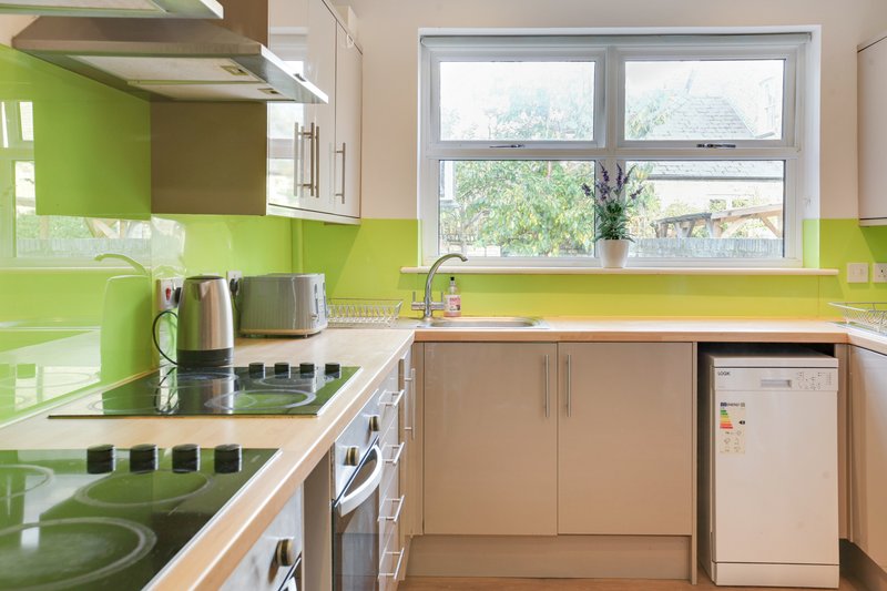 Modern kitchen with lime green splashback, stainless steel appliances and wooden cabinets