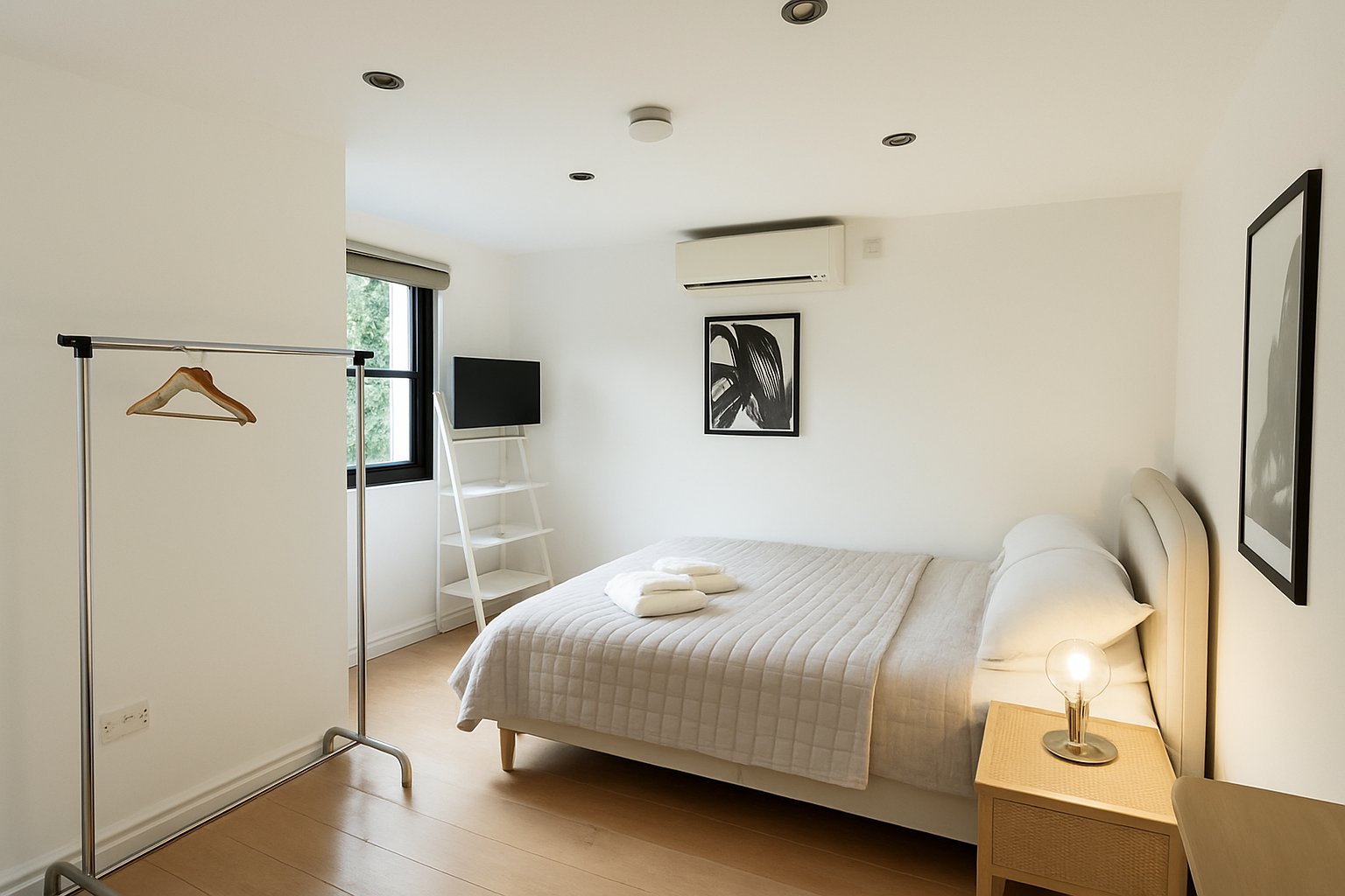 Bright bedroom with single bed, wooden floor, bedside lamp and wall art