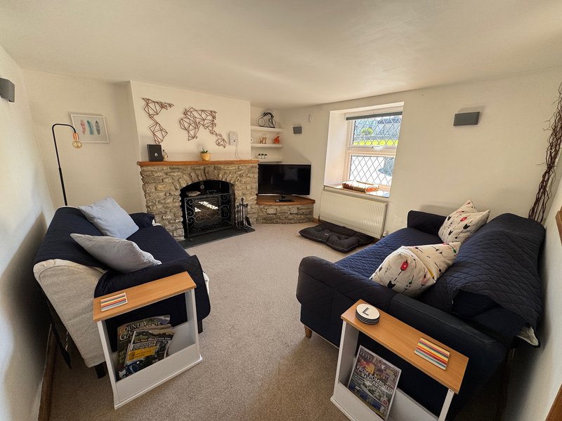 Living room with fireplace, two sofas with cushions, TV, shelving, and window with natural light