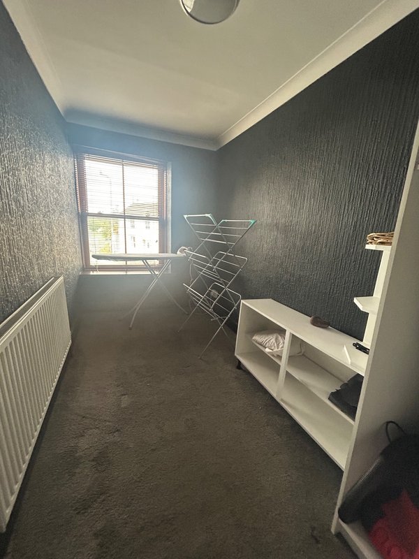 Single bedroom currently used as laundry room - textured grey walls, white shelving unit, clothes drying rack, ironing board/iron and window