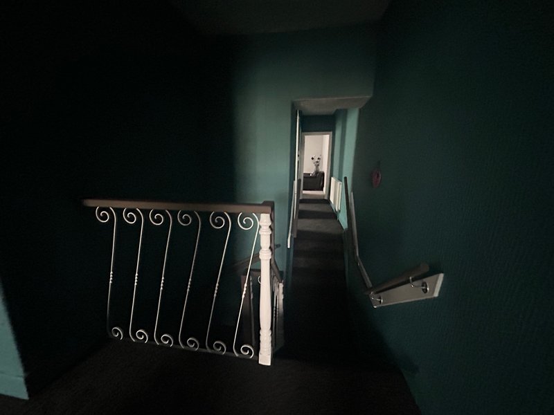 Staircase with ornate metal banister and teal-painted walls, looking down a hallway