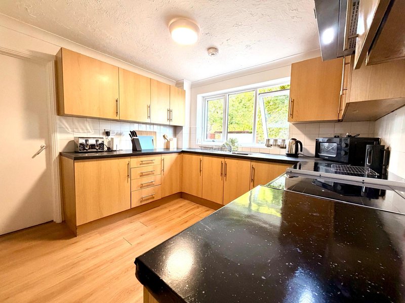 Spacious kitchen with wooden cabinets, black countertop, and window overlooking garden
