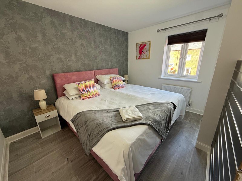 Modern bedroom with pink upholstered bed, grey textured feature wall, wooden flooring and bright window