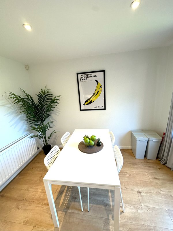 Bright dining room with white table, chairs, potted plant, and wooden flooring