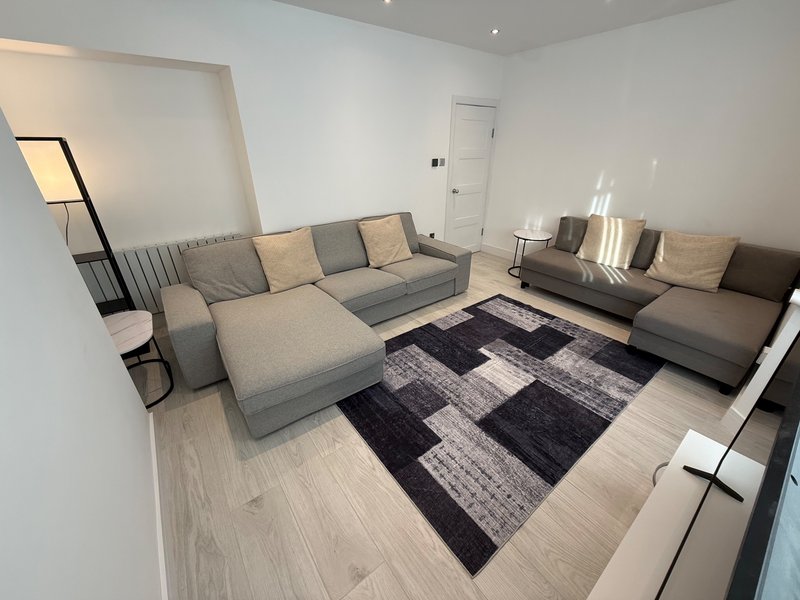 Modern living room with large gray sectional sofa, patterned area rug, and natural lighting from windows
