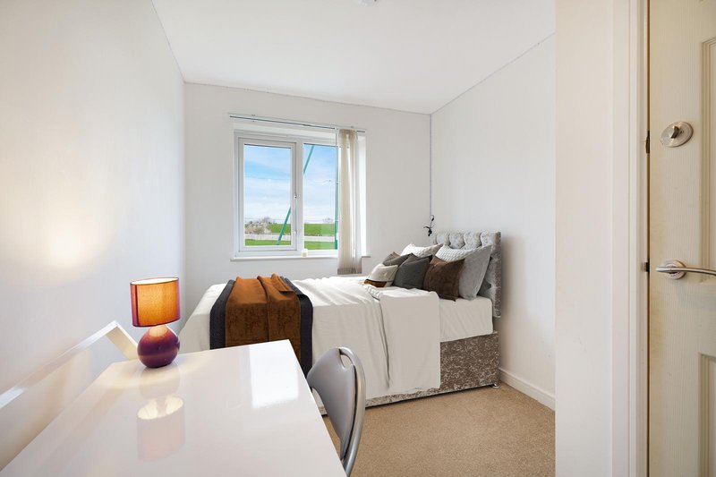 Bright bedroom with single bed, desk, window overlooking green fields, and warm lighting