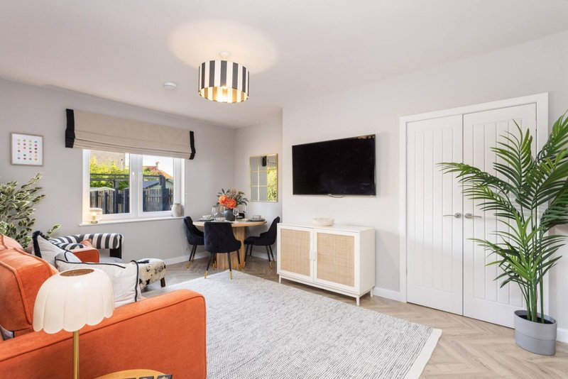 Bright open-plan living space with orange sofa, dining table, TV, and potted plants