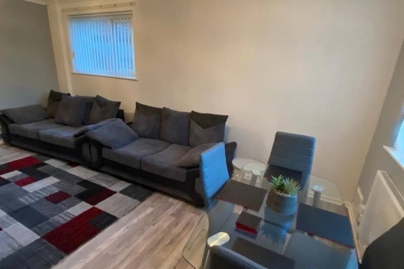 Living room with dark blue sofa, geometric patterned rug, small side table and potted plant