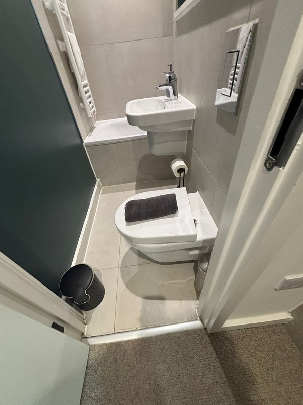 Small bathroom with toilet, pedestal sink, towel rails and waste bin